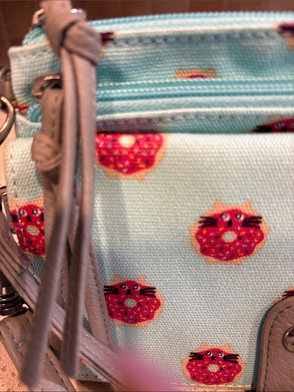 Mint Green Canvas Clutch/Crossbody W/ Kitty Donut Print & Donut socks Both New! - Picture 3 of 10